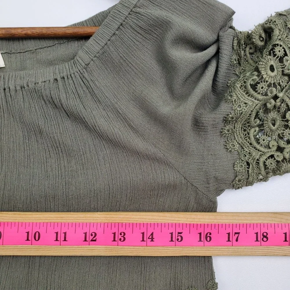 Umgee Womens Off The Shoulder Boho Top Size M Olive Green Embroidered 3/4 Sleeve